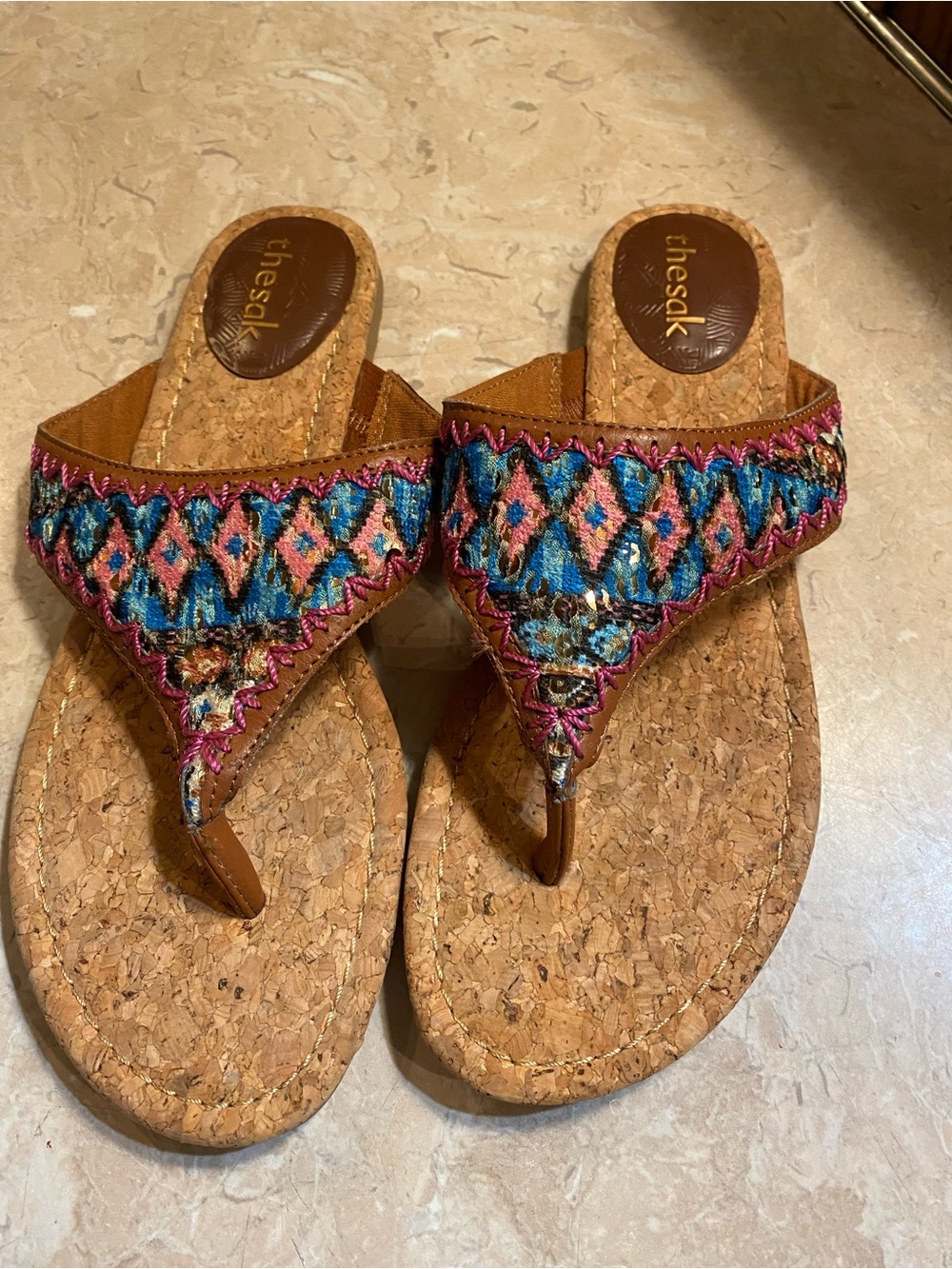 The Sak Cork Thong Sandals with Blue & Pink Embroidered Straps